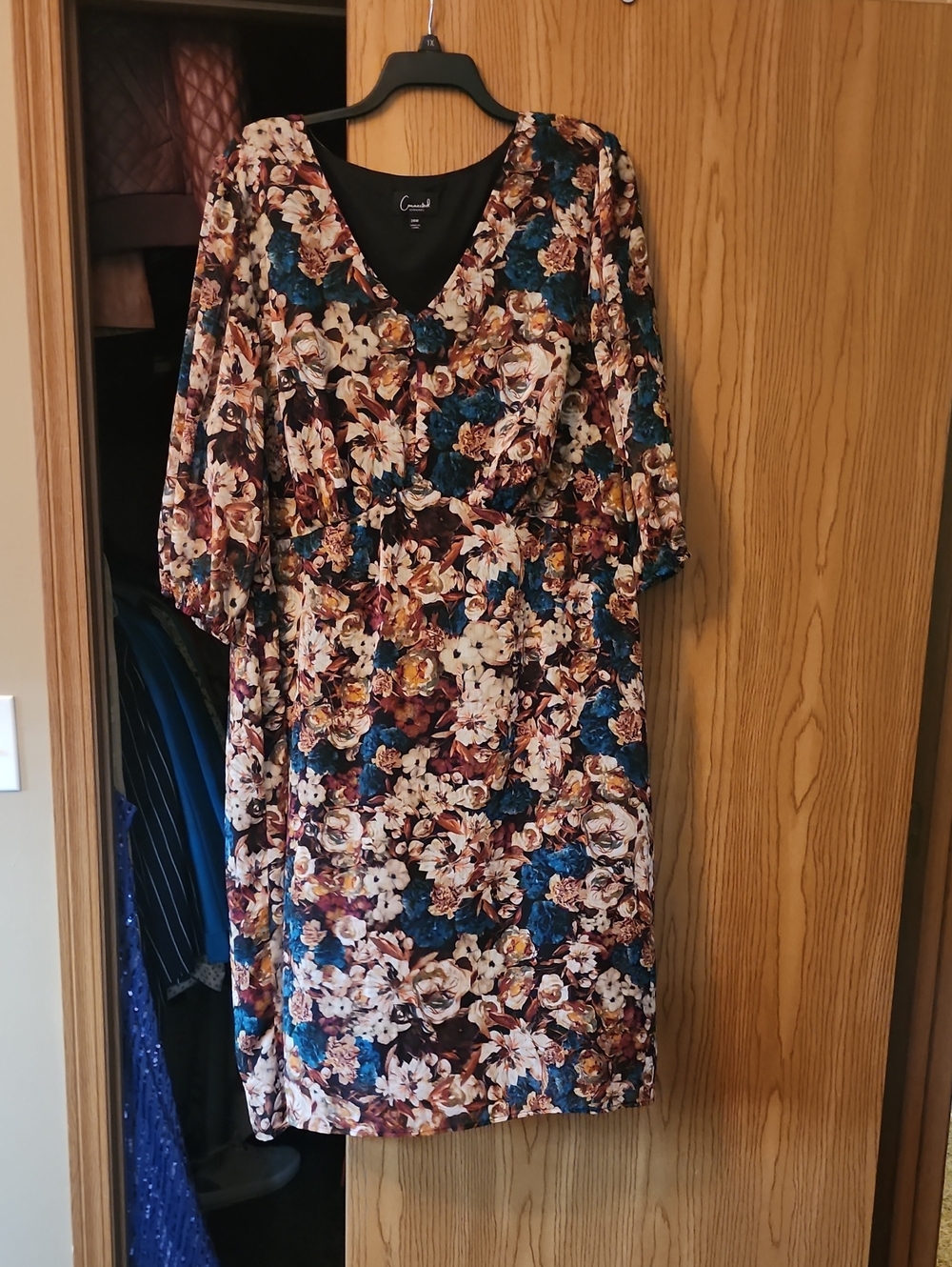 connected apparel Floral V-Neck Midi Dress in Teal & Brown